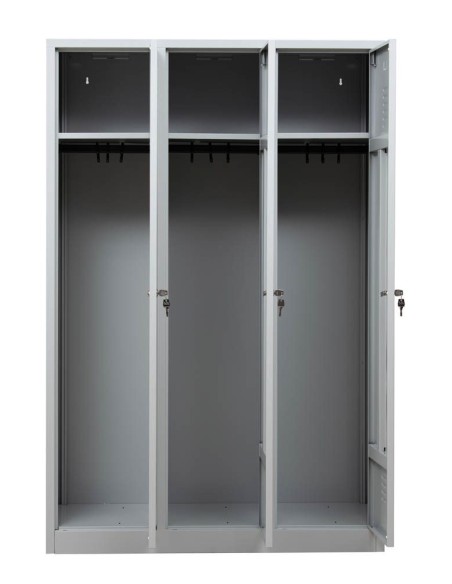 Wolfstahl Garderobenschrank Kleiderspind 3 Schliessfächer Zylinderschloss Lichtgrau - Feuerrot - Enzianblau