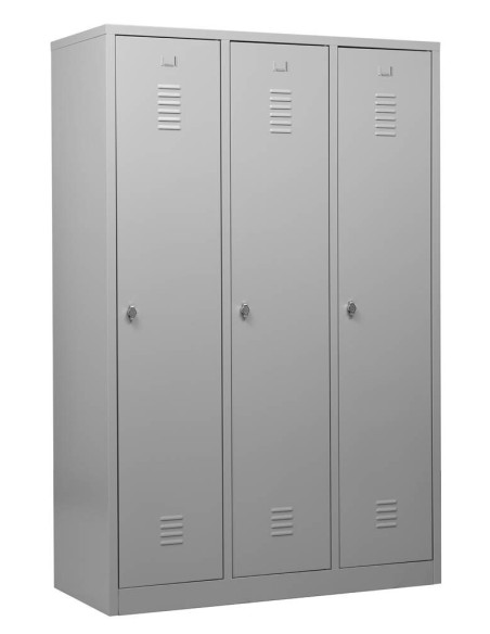 Wolfstahl Garderobenschrank Kleiderspind 3 Schliessfächer Drehriegelverschluss Lichtgrau - Feuerrot - Enzianblau